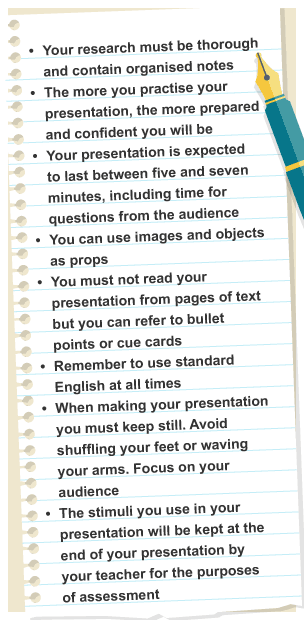 A list of top tips to remember for an individual oral presentation exam.