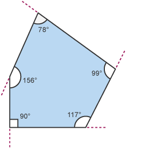 Pentagon afreolaidd gyda’r onglau mewnol wedi eu labelu â (o’r chwith i’r dde) 90°, 156°, 78°, 99°, 117°.