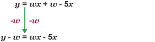 An infographic showing how to move terms not related to x in the equation y = wx + w - 5x to give y - w = wx - 5x.