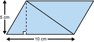 A parallelogram split into two congruent triangles along the diagonal. Parallelogram is 5cm high and 10 cm long.