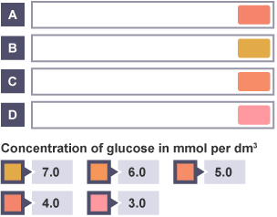 Four glucose testing strips labelled A to D