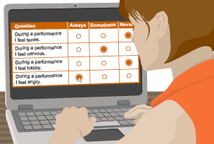 Student filling in an emotional questionnaire on their computer. Questions have always, sometimes never radio button answers