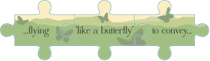 Three jigsaw pieces attached together displaying part of a sentence: flying 'like a butterfly' to convey...