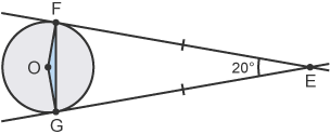 Circle with 2 identical tangents from point E at angle, 20degrees