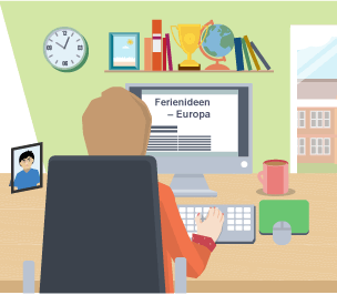 A boy browsing the internet showing the German words Ferienideen - Europa