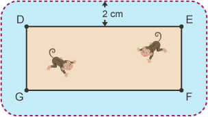 A rectangle with the corners labelled DEFG, with two monkeys inside it and a locus drawn 2 cm outside it. The area between the rectangle and the locus is shaded.