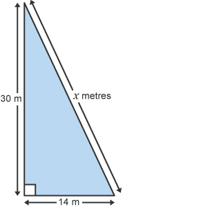 Right-angled triangle with sides of 30m and 14m, and a hypotenuse of x meters