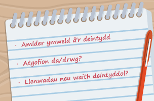 Nodiadur gyda thri llinell o ysgrifen, sef: Amlder ymweld â'r deintydd; Atgofion da/drwg?; Llenwadau neu waith deintyddol?