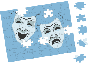 Jigsaw puzzle of the drama masks image, with some pieces at the side waiting to be added