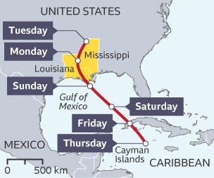 Map showing the location of Hurricane Ida in the Atlantic in 2021