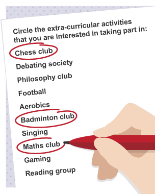 A list with 'Circle the extra-curricular activities that you are interested in taking part in': Chess club, Badminton club and Maths club are circled.