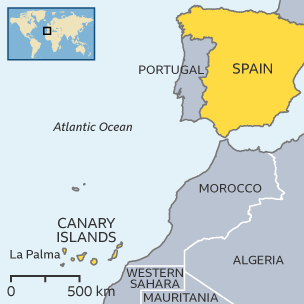 A map showing La Palma, Canary Islands, in relation to other countries