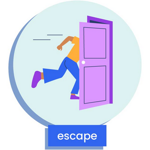 a figure running out of a door, depicting escape