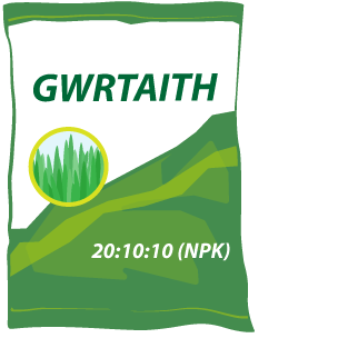 Bag o gwrtaith NPK. Cyfraneddau cymharol y nitradau, ffosffadau a photasiwm ydy 20:10:10.