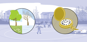 Infographic depicting winter taking over a tree and a pocket watch