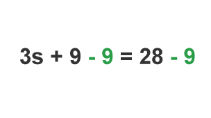 3s + 9 - 9 = 28 - 9