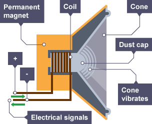 Cross-section through a speaker labelled with permanent magnet, coil, cone, dust cap, cone vibrates and electrical signals.