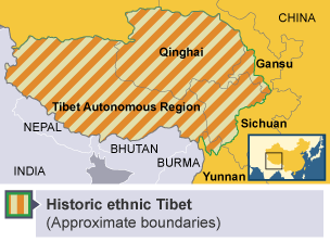 A map showing the historic boundary of Tibet and its boundary as the Tibet Autonomous Region