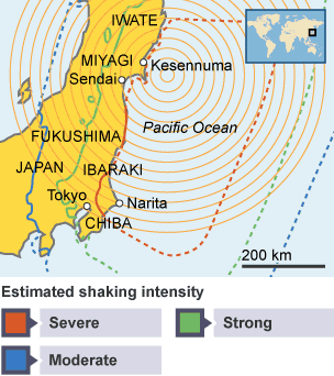 The epicentre of the earthquake off the east coast of Sendai.