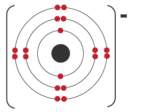 a central nucleus and three concentric circles with 2 dots on the inner circle, 8 on the second and 8 on the third