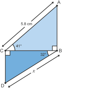 Two right-angled triangles, ABC and BCD, arranged one on top of the other along their shared long side BC. AC equals 5.8 cm, angle ACB equals 41 degrees. BD is labelled x, angle CBD equals 32 degrees