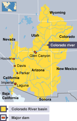 The Colorado river basin (highlighted yellow) with the 6 major dams plotted and named.