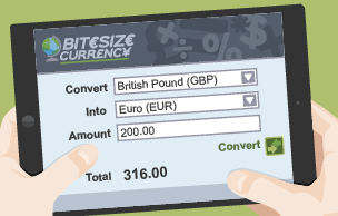 Bitesize currency app on a tablet converting 200 British pounds to 316 Euros