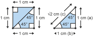 Square = 1cm x 1cm x 1cm x 1cm.Triangle = 1cm (a) x 1cm (b) x sq root 2 (c ), 2 known angles of 45 degrees