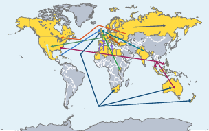 A desire line map uses lines to show migration of people between countries.