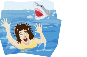 A woman swimming in fear from a shark bearing its teeth.