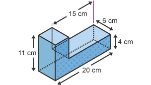 A composite shape measuring 11 cm x 20 cm x 4 cm x 6 cm x 15 cm with one face highlighted