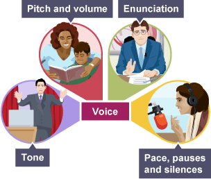 Voice represented by a woman reading a book to her son, a newsreader, man doing a presentation and radio presenter.