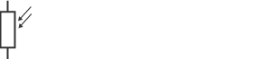 Light-dependent resistor circuit symbol: a vertical line broken by a long rectangle. Two short parallel arrows point towards it from the top right.