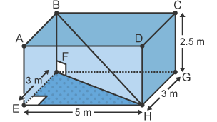 A room the shape of a cuboid where side EH equals 5 m, sides EF and HG equal 3 m, and side CG equals 2.5 m. The right-angled triangle EFH is shaded dark blue