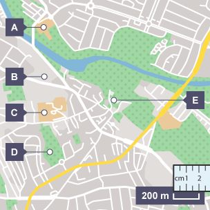 A map of Cardiff with points labelled from A to D