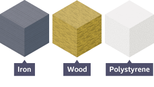 An infographic showing three cubes, iron, wood and polystyrene, each with a different density