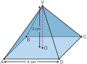 Square based pyramid with base of 3cm x 3cm. Line from tip (V) to centre of base of length 3cm