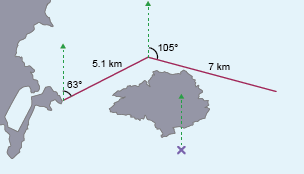 5.1km line on 63 degree bearing leads to 7km line on 105 degree bearing. Purple cross at bottom of image.