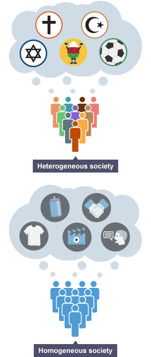 Diagram to show the difference between a heterogeneous society and a homogeneous society.