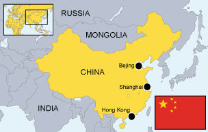 Map of China with three cities labelled: Beijing, Shanghai and Hong Kong