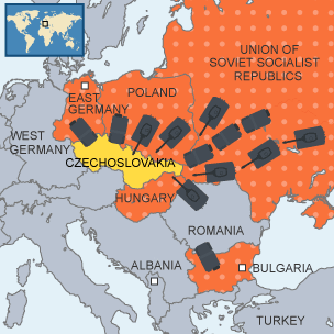 A map which shows how Soviet and other Eastern European troops invaded Czechoslovakia to crackdown on the Prague Spring.