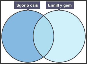 Diagram Venn gyda dau gylch yn gorgyffwrdd wedi eu labelu â ‘Sgorio cais’ ac ‘Ennill y gêm’.