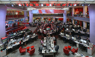 Photograph of tv news room at New Broadcasting House