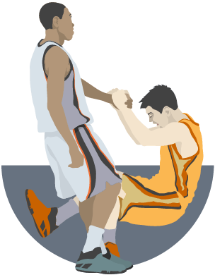 A basketball player helps another one up