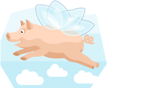 A pig with wings flying in the sky.