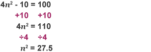 An infographic showing how to discover if 100 is in the sequence 4n squared - 10. n squared is 27.5.