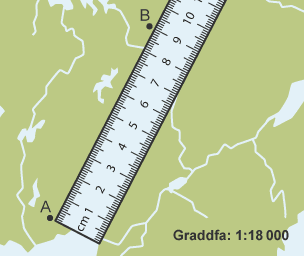 Map arfordirol yn dangos pren mesur yn mesur 9 cm rhwng pwynt A a B ar raddfa 1 : 18 000