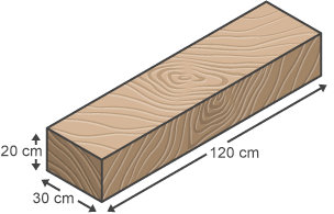 A block of wood, 120 centimetres in length, 30 centimetres in width and 20 centimetres in height.