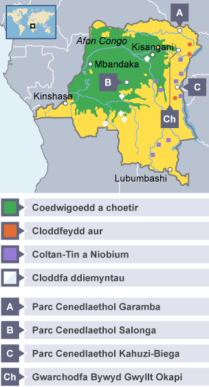 Map o fwyngloddio yng Ngweriniaeth Ddemocrataidd y Congo.