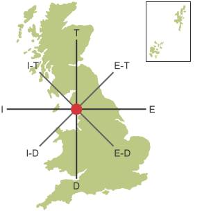 Diagram of a UK map showing the direction points of a compass